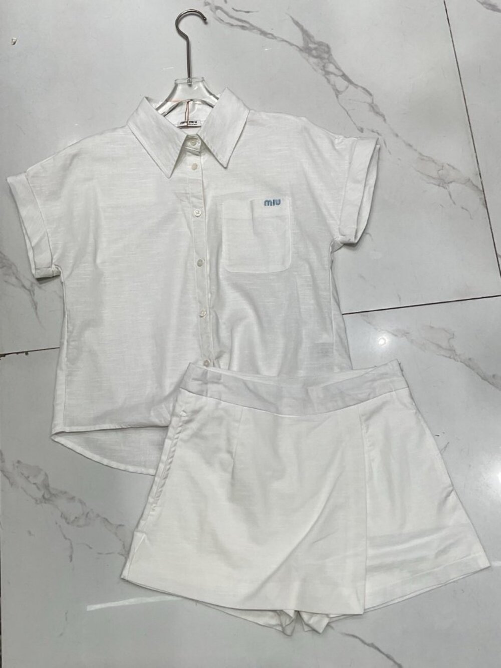 Miu Miu White Two-Piece Set: Short-Sleeve Collared Shirt + Wrap-Style Skort